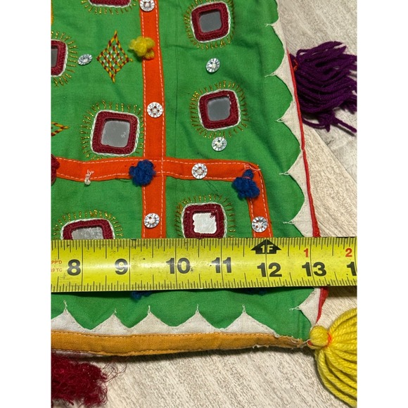 Boho Mirror Embellished Shoulder Bag Green‎ Tassels Handcrafted Bohemian - Picture 7 of 7